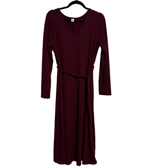 Old Navy Ribbed Maternity Midi Belted Dress Burgundy Size L - Picture 2 of 6